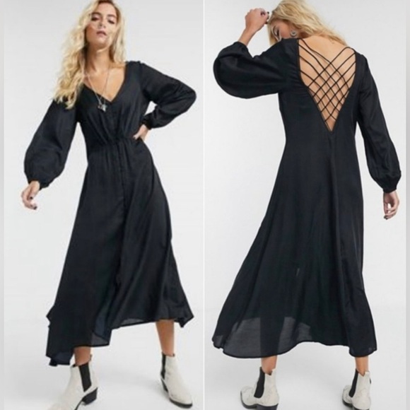 💫 FREE PEOPLE ‘Later Days’ Cutout Back Midi Dress in Black Sz 8 - EUC - Picture 9 of 15